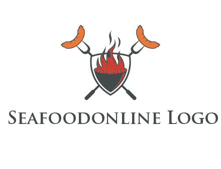 sausages on forks forming a cross behind a flaming BBQ grill in shield