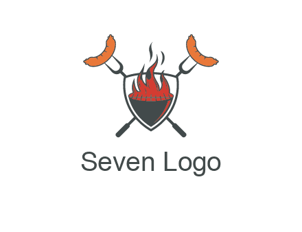 sausages on forks forming a cross behind a flaming BBQ grill in shield