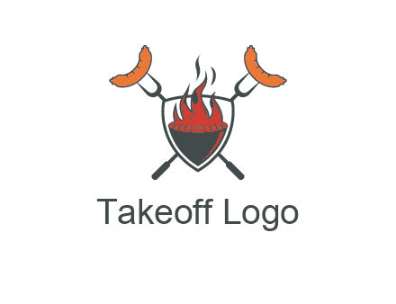 sausages on forks forming a cross behind a flaming BBQ grill in shield