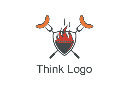 sausages on forks forming a cross behind a flaming BBQ grill in shield