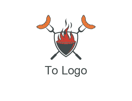 sausages on forks forming a cross behind a flaming BBQ grill in shield