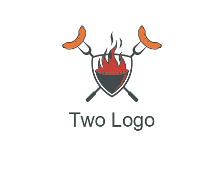 sausages on forks forming a cross behind a flaming BBQ grill in shield