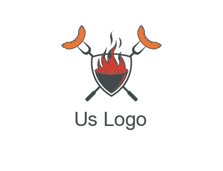 sausages on forks forming a cross behind a flaming BBQ grill in shield