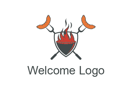 sausages on forks forming a cross behind a flaming BBQ grill in shield