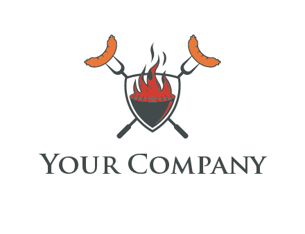sausages on forks forming a cross behind a flaming BBQ grill in shield
