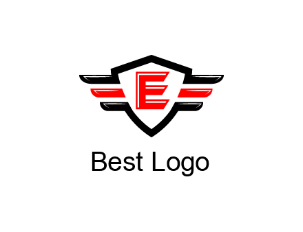 letter E in a shield over 3 stripes