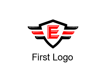 letter E in a shield over 3 stripes