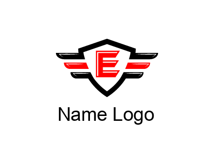 letter E in a shield over 3 stripes