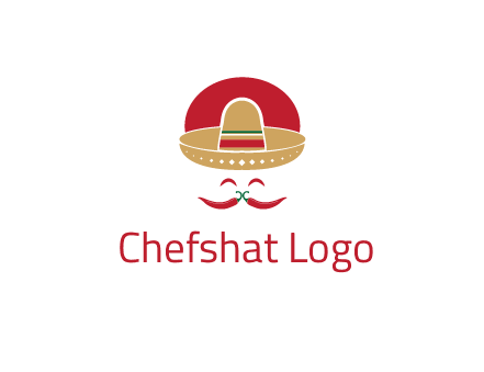 red chili peppers forming a face with moustache and eyes, wearing a Mexican hat