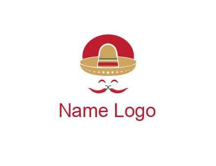 red chili peppers forming a face with moustache and eyes, wearing a Mexican hat