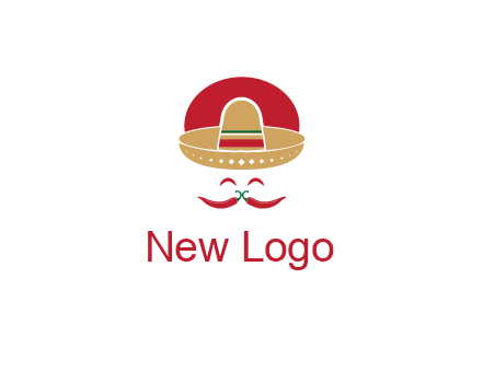 red chili peppers forming a face with moustache and eyes, wearing a Mexican hat