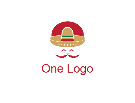 red chili peppers forming a face with moustache and eyes, wearing a Mexican hat