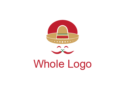 red chili peppers forming a face with moustache and eyes, wearing a Mexican hat