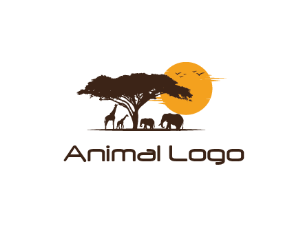 wildlife safari logo with giraffes and elephants standing under a tree in front of sun
