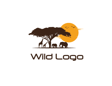 wildlife safari logo with giraffes and elephants standing under a tree in front of sun