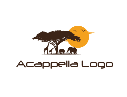 wildlife safari logo with giraffes and elephants standing under a tree in front of sun