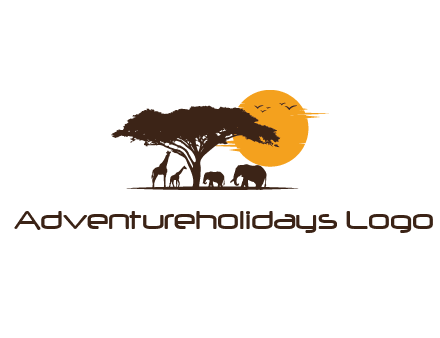 wildlife safari logo with giraffes and elephants standing under a tree in front of sun