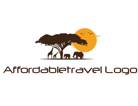 wildlife safari logo with giraffes and elephants standing under a tree in front of sun