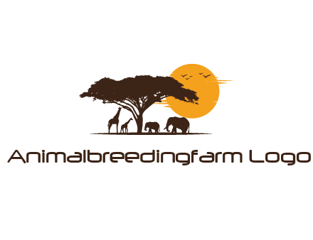 wildlife safari logo with giraffes and elephants standing under a tree in front of sun