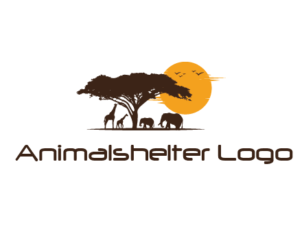 wildlife safari logo with giraffes and elephants standing under a tree in front of sun
