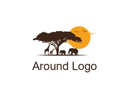 wildlife safari logo with giraffes and elephants standing under a tree in front of sun