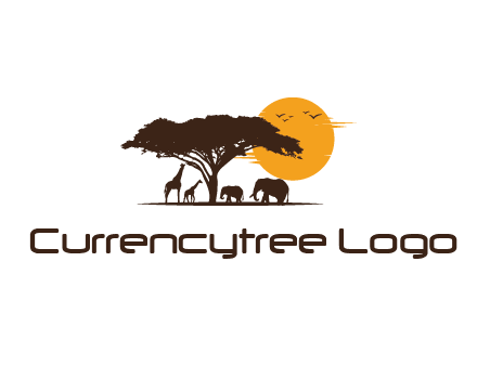 wildlife safari logo with giraffes and elephants standing under a tree in front of sun