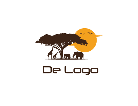 wildlife safari logo with giraffes and elephants standing under a tree in front of sun
