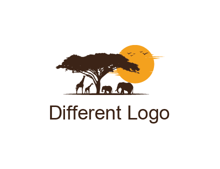 wildlife safari logo with giraffes and elephants standing under a tree in front of sun