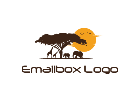 wildlife safari logo with giraffes and elephants standing under a tree in front of sun