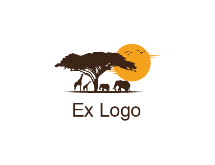 wildlife safari logo with giraffes and elephants standing under a tree in front of sun