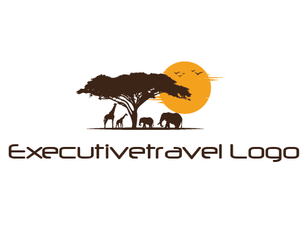 wildlife safari logo with giraffes and elephants standing under a tree in front of sun