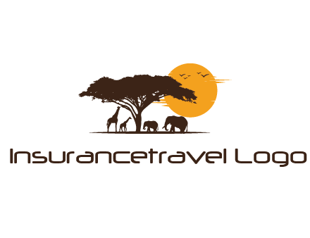 wildlife safari logo with giraffes and elephants standing under a tree in front of sun