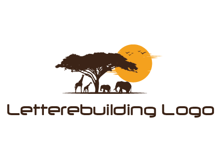 wildlife safari logo with giraffes and elephants standing under a tree in front of sun