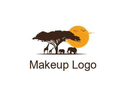 wildlife safari logo with giraffes and elephants standing under a tree in front of sun