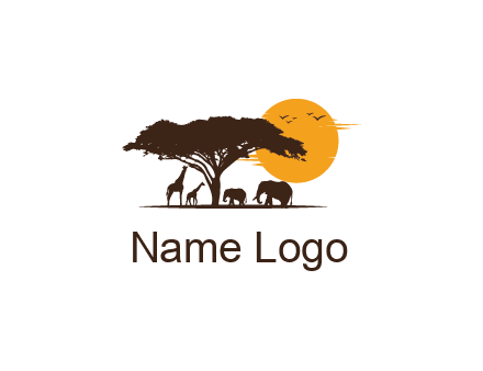 wildlife safari logo with giraffes and elephants standing under a tree in front of sun
