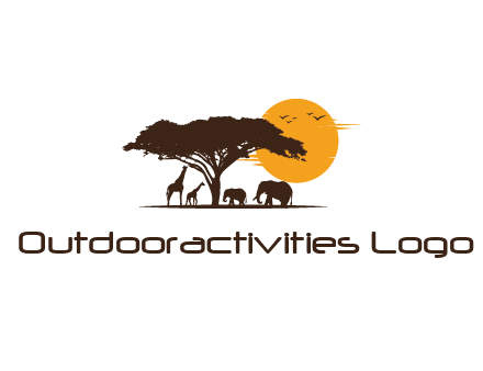 wildlife safari logo with giraffes and elephants standing under a tree in front of sun