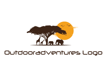 wildlife safari logo with giraffes and elephants standing under a tree in front of sun