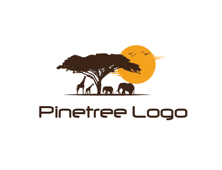wildlife safari logo with giraffes and elephants standing under a tree in front of sun