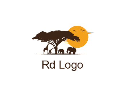 wildlife safari logo with giraffes and elephants standing under a tree in front of sun