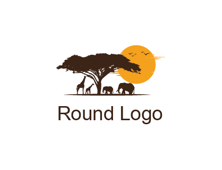 wildlife safari logo with giraffes and elephants standing under a tree in front of sun