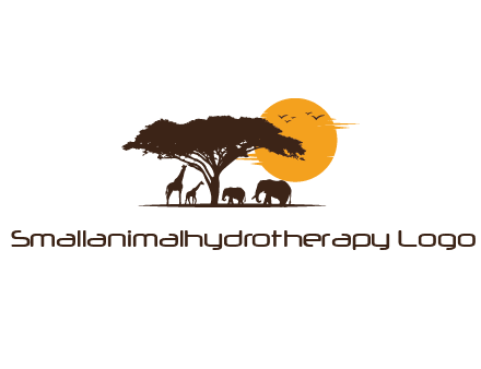 wildlife safari logo with giraffes and elephants standing under a tree in front of sun