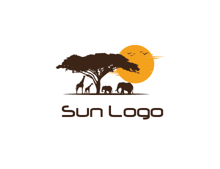 wildlife safari logo with giraffes and elephants standing under a tree in front of sun