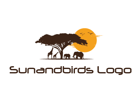 wildlife safari logo with giraffes and elephants standing under a tree in front of sun