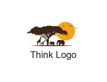 wildlife safari logo with giraffes and elephants standing under a tree in front of sun