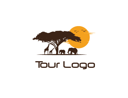 wildlife safari logo with giraffes and elephants standing under a tree in front of sun