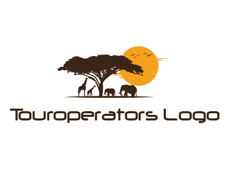 wildlife safari logo with giraffes and elephants standing under a tree in front of sun