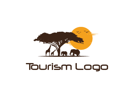 wildlife safari logo with giraffes and elephants standing under a tree in front of sun