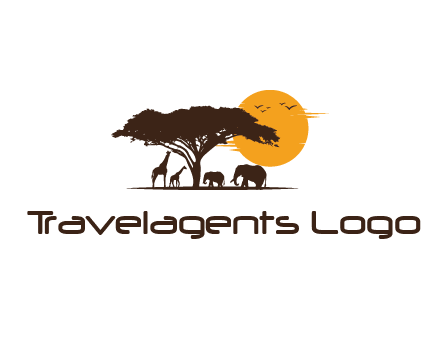 wildlife safari logo with giraffes and elephants standing under a tree in front of sun