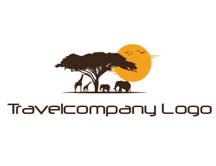 wildlife safari logo with giraffes and elephants standing under a tree in front of sun
