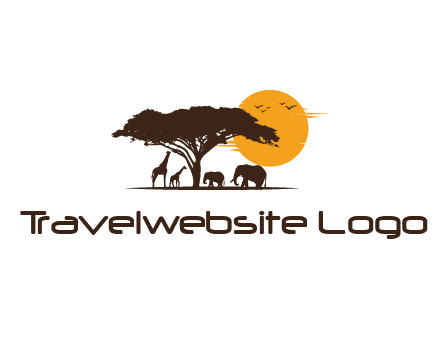 wildlife safari logo with giraffes and elephants standing under a tree in front of sun